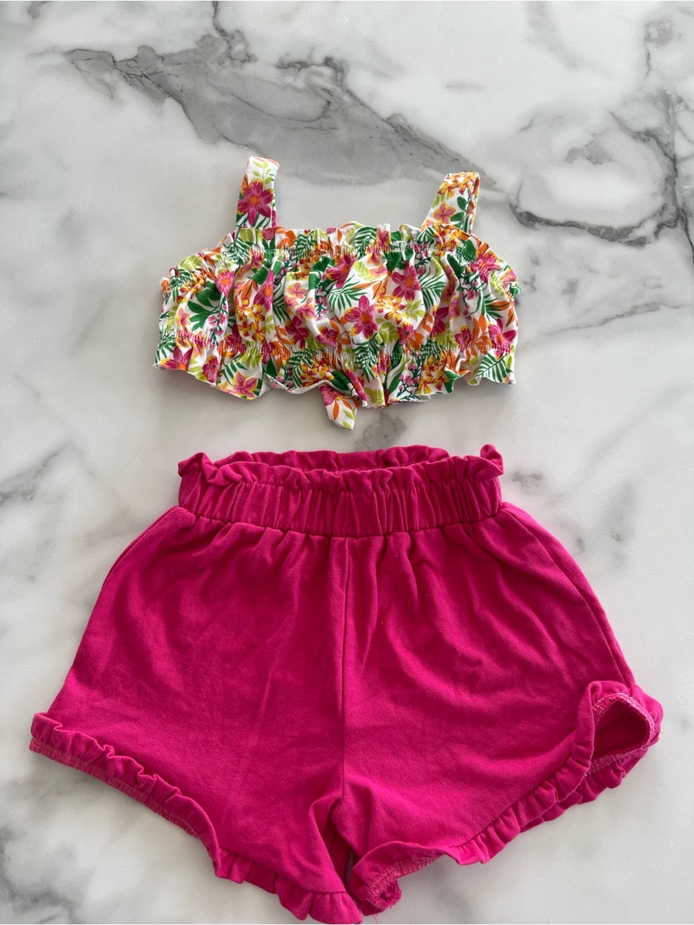 Girls Fuchsia Ruffle Shorts & Tropical Floral Crop Top Set